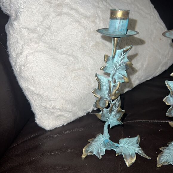 2 Candle Holders Verdigris Green Ivy Leaves 8.5" Brass Tone Fall Party Lite - Picture 2 of 9